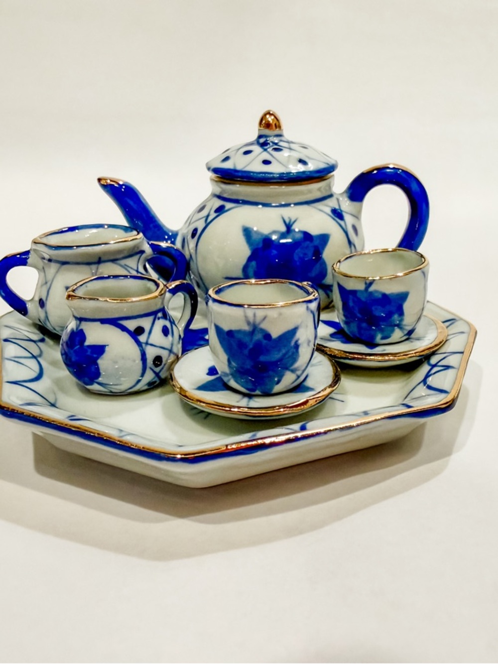 Vintage Miniature Blue White Porcelain Tea Set with Gold Trim - Teapot Cups Tray